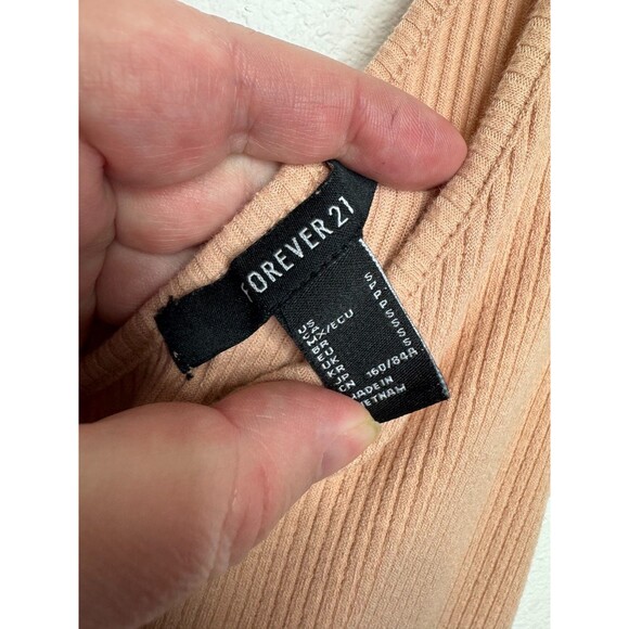 Forever 21 Small Sweater Knit Midi Dress Tan Nude Ribbed V-Neck Bodycon Stretch - Picture 3 of 7